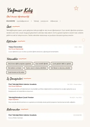 Okul Öncesi Öğretmeni Öğretmenliği Cv Örnekleri cv indir